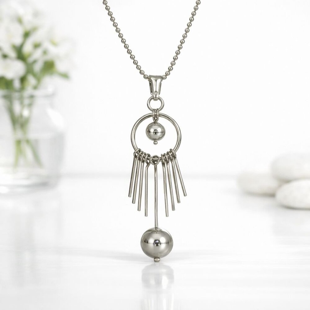 Vintage Silver Tone Y2K Fringe Tassel Pendant Necklace Ball Drop Chain